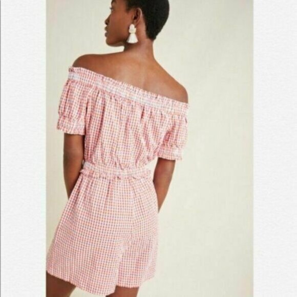 Anthropologie Gingham Drawstring Off-The-Shoulder Romper Shorts One-Piece, NWT - Picture 3 of 4